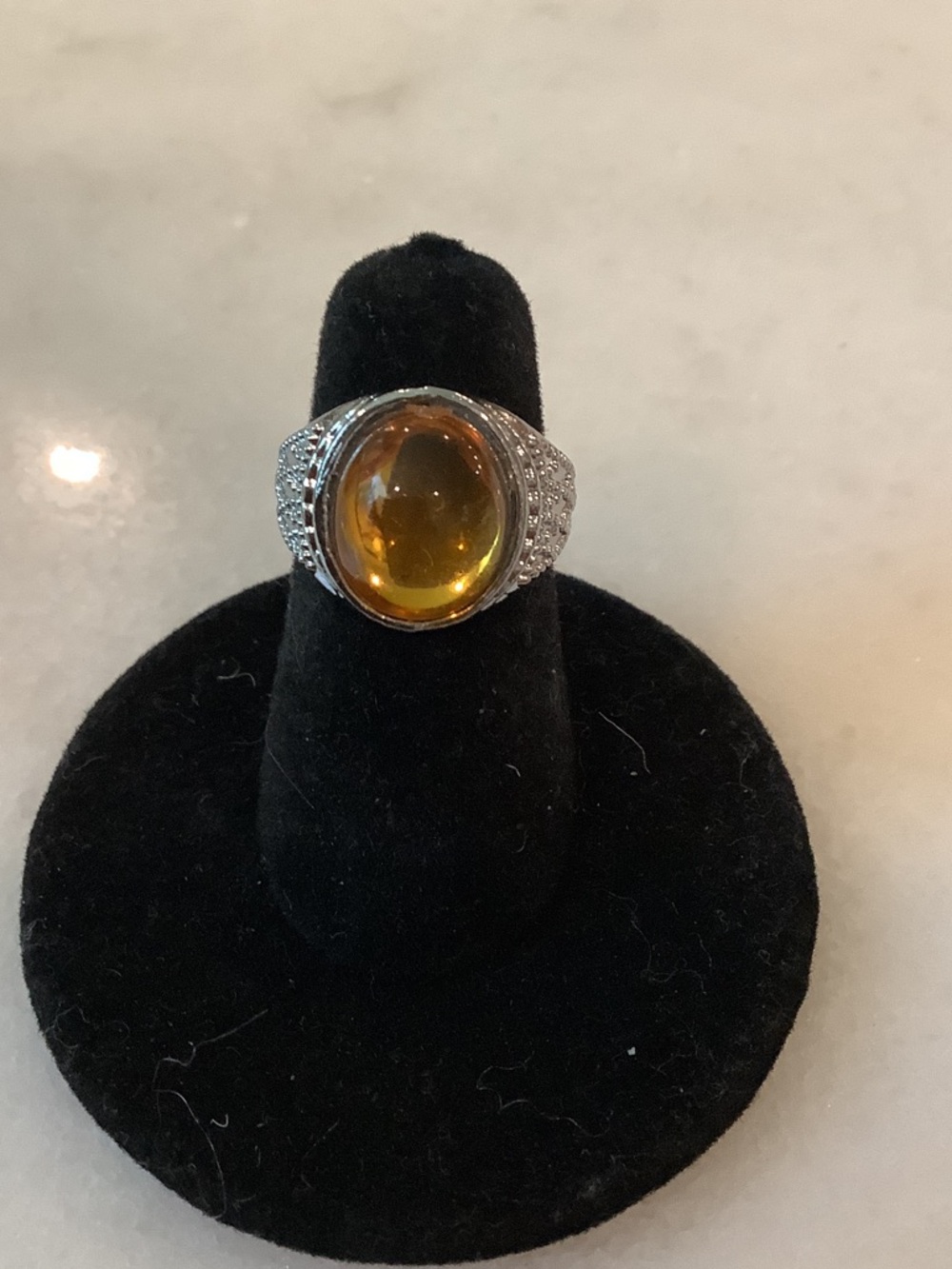 Women Golden Amber Cabochon Statement Ring in Silver-Tone Setting, Brand New